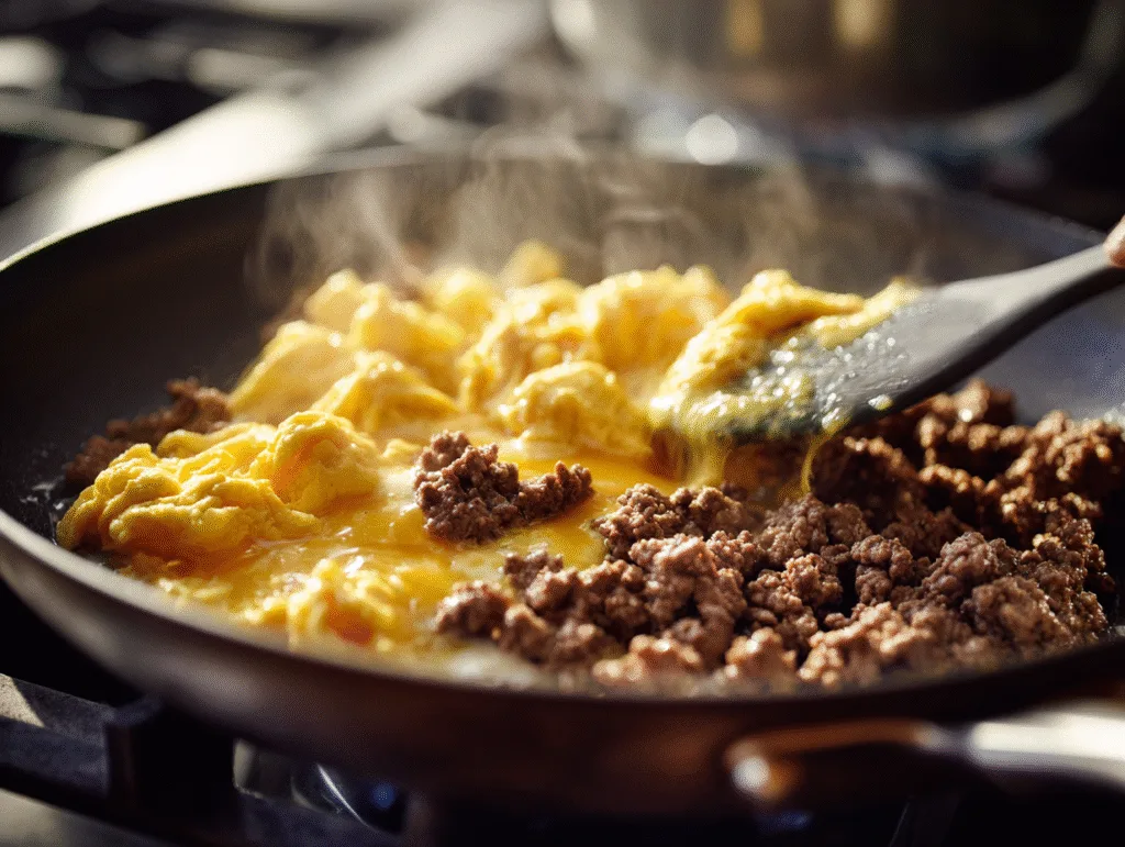 Ground beef and egg scramble cooking in a skillet, with fluffy eggs and browned beef being stirred.