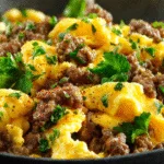 Ground Beef and Egg Scramble with fluffy scrambled eggs, seasoned beef, and fresh parsley in a skillet