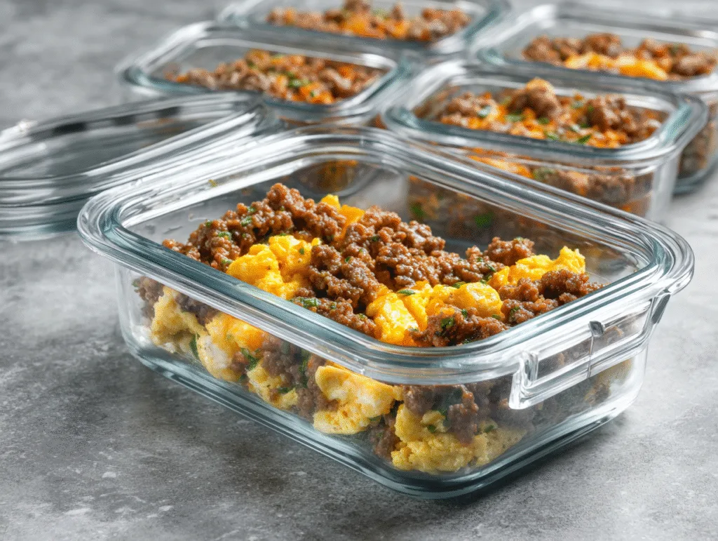 Ground Beef and Egg Scramble meal prep containers filled with fluffy scrambled eggs and seasoned beef in glass storage dishes.