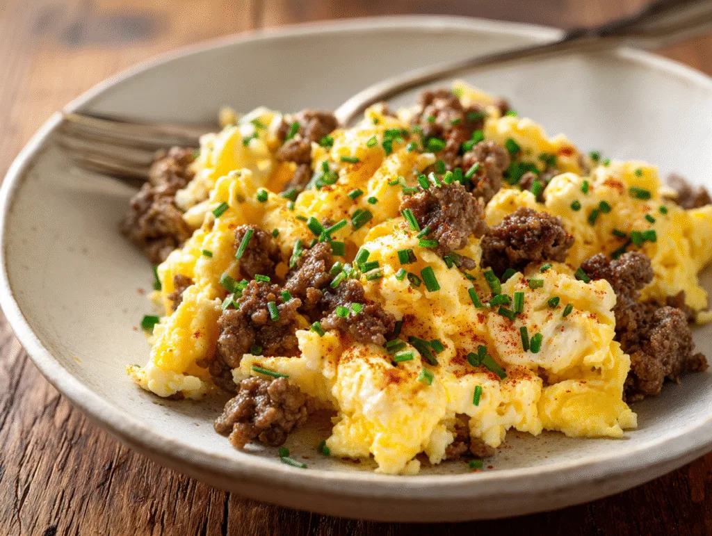 Close-up plate of Ground Beef and Egg Scramble topped with chives and paprika.