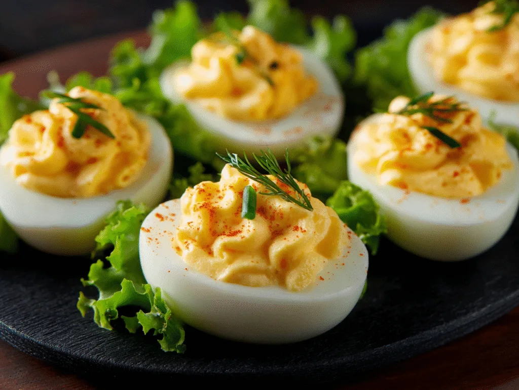 Hard-Boiled Egg Bites with creamy filling, fresh herbs, and paprika on lettuce