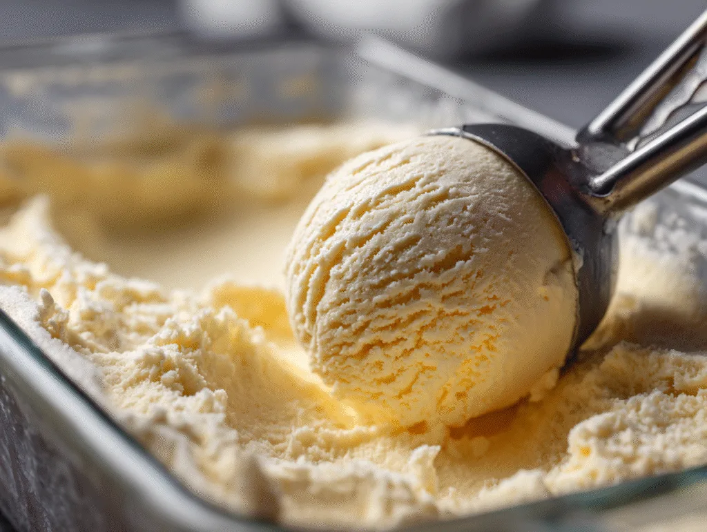 Side-angle scoop of carnivore ice cream being lifted from a glass dish.