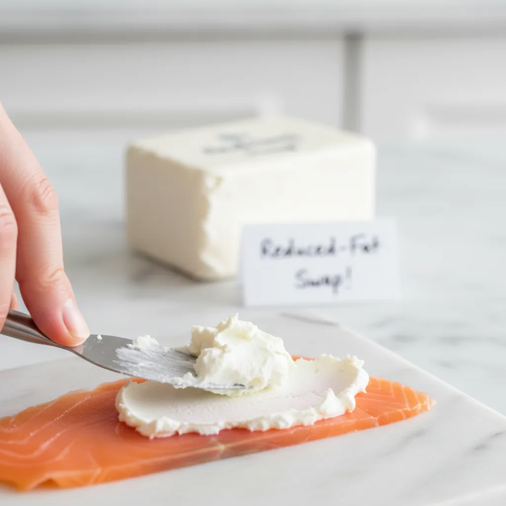 Hand spreading reduced-fat cream cheese over smoked salmon to prepare a healthy low-carb roll-up