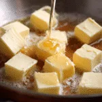 Cubes of butter melting in a pan with golden browned butter forming around them.