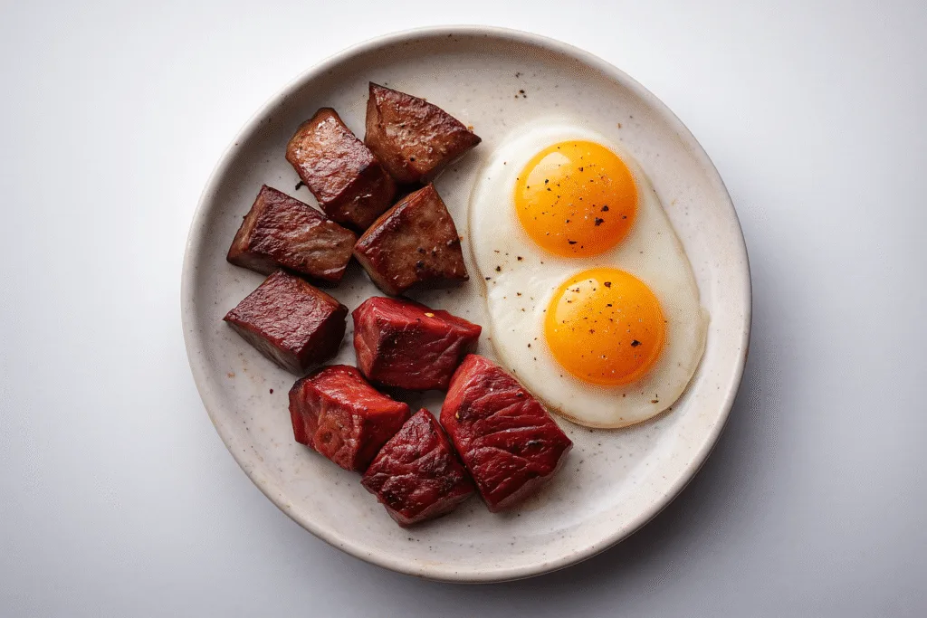A bright, overhead view of a white ceramic plate with lightly seared beef liver, cooked steak, and two soft egg yolks on a white background.