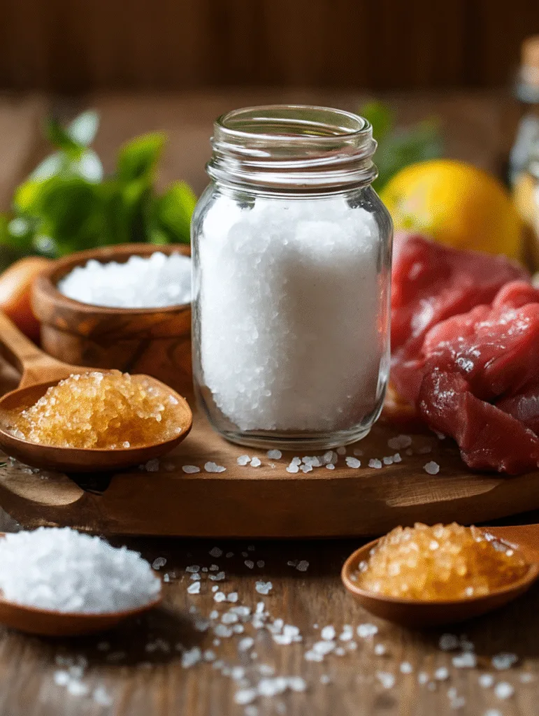 Jar of salt with raw meat, citrus, and wooden spoons of mineral salts on a rustic table
