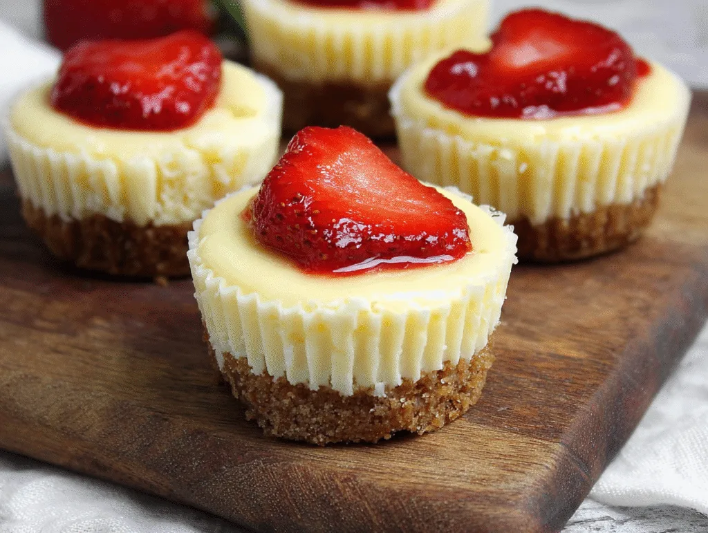 Mini cheesecake cups topped with fresh strawberry slices on a wooden board.