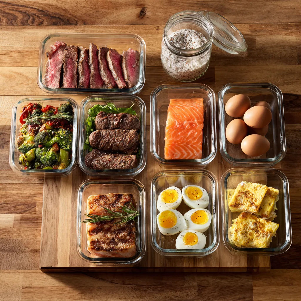 Meal prep boxes with steak, salmon, broccoli, eggs, and casserole for keto and carnivore diets for Carnivore diet 7-day meal plan