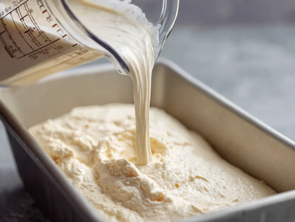Thick ice cream base being poured from a measuring cup into a loaf pan.