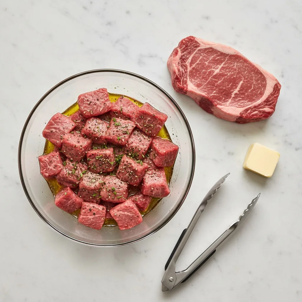 Raw steak cubes seasoned in olive oil with a ribeye and butter on the side.