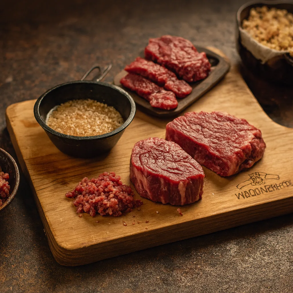 Raw ribeye steak, ground beef, and coarse beef mix displayed on a wooden board with bowls of seasoning, shot in a rustic kitchen setting.