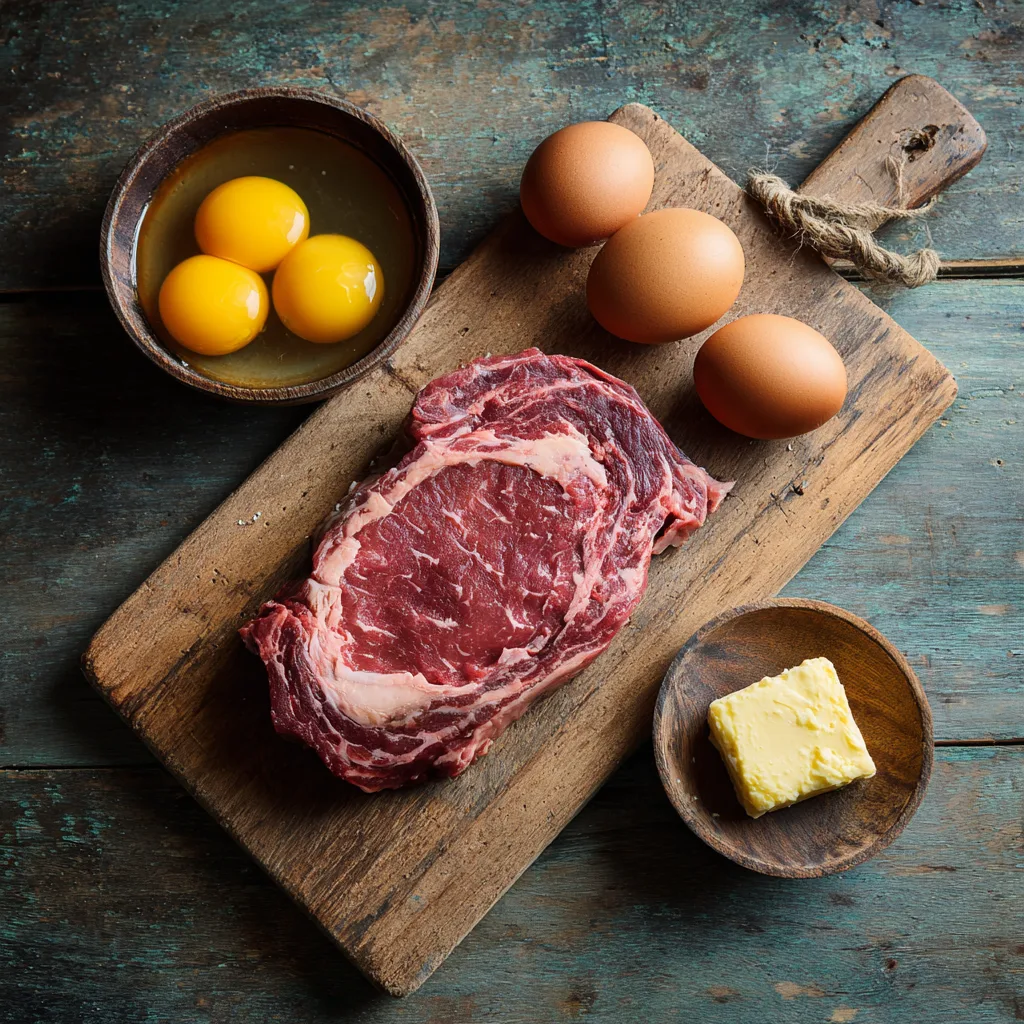 Uncooked ribeye steak, whole eggs, cracked eggs, and a pat of butter arranged on a rustic wooden cutting board