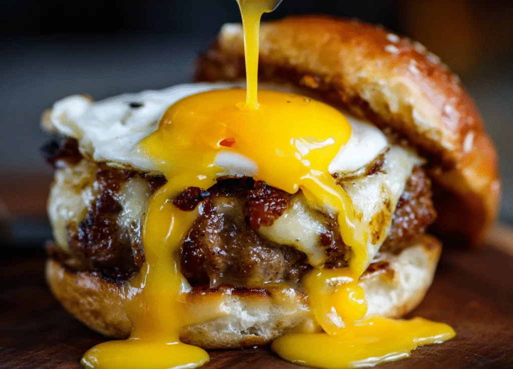 Extreme close-up of a runny fried egg dripping yolk over a melted cheese burger patty on a brioche bun