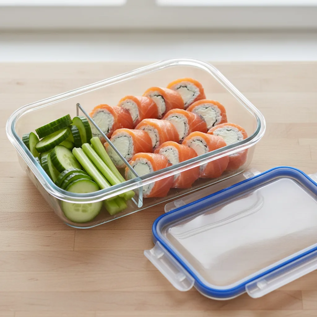 Glass meal prep container filled with smoked salmon cream cheese roll-ups and sliced cucumbers