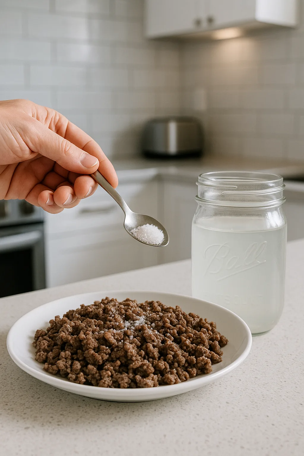 Hand adding sea salt to cooked ground beef with electrolyte drink nearby