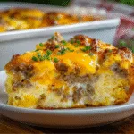 Close-up slice of cheesy sausage and egg breakfast casserole served on a white plate.