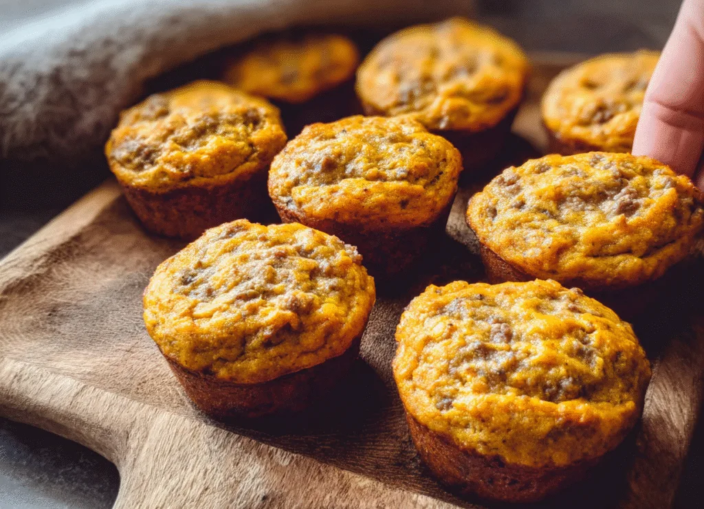 Freshly baked sausage and egg breakfast muffins on a wooden board, perfect for keto and low-carb meal prep