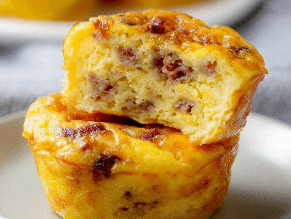 Close-up of a sausage and egg muffin cut open to reveal its fluffy, protein-packed interior