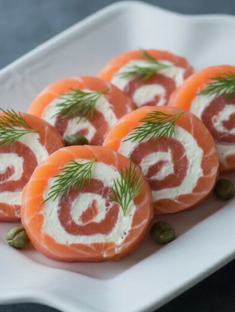 Smoked salmon and cream cheese pinwheels garnished with fresh dill on a white serving plate.