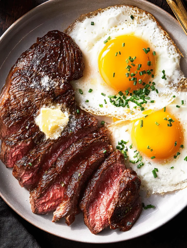 Close-up of a juicy sliced steak served with sunny-side-up eggs and fresh chives.