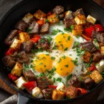 Cast-iron skillet filled with steak bites, eggs, cheese cubes, and red peppers.