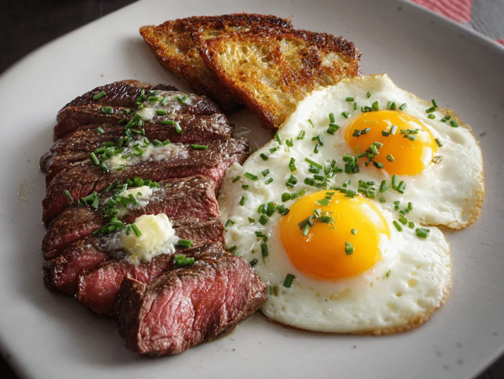 Sliced steak with sunny-side-up eggs and a crispy toasted slice on a plate.