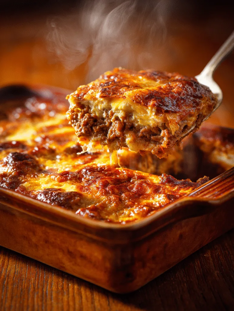 A steaming scoop of carnivore beef and egg casserole lifted from a baking dish.