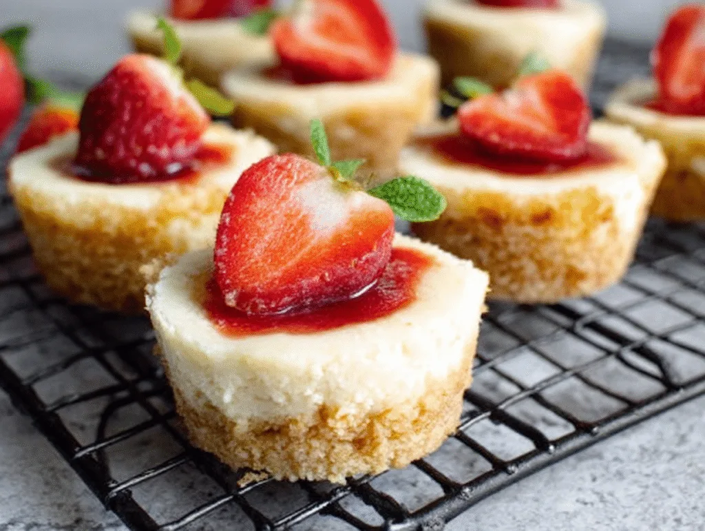 Mini cheesecake bites with sliced strawberries cooling on a wire rack.