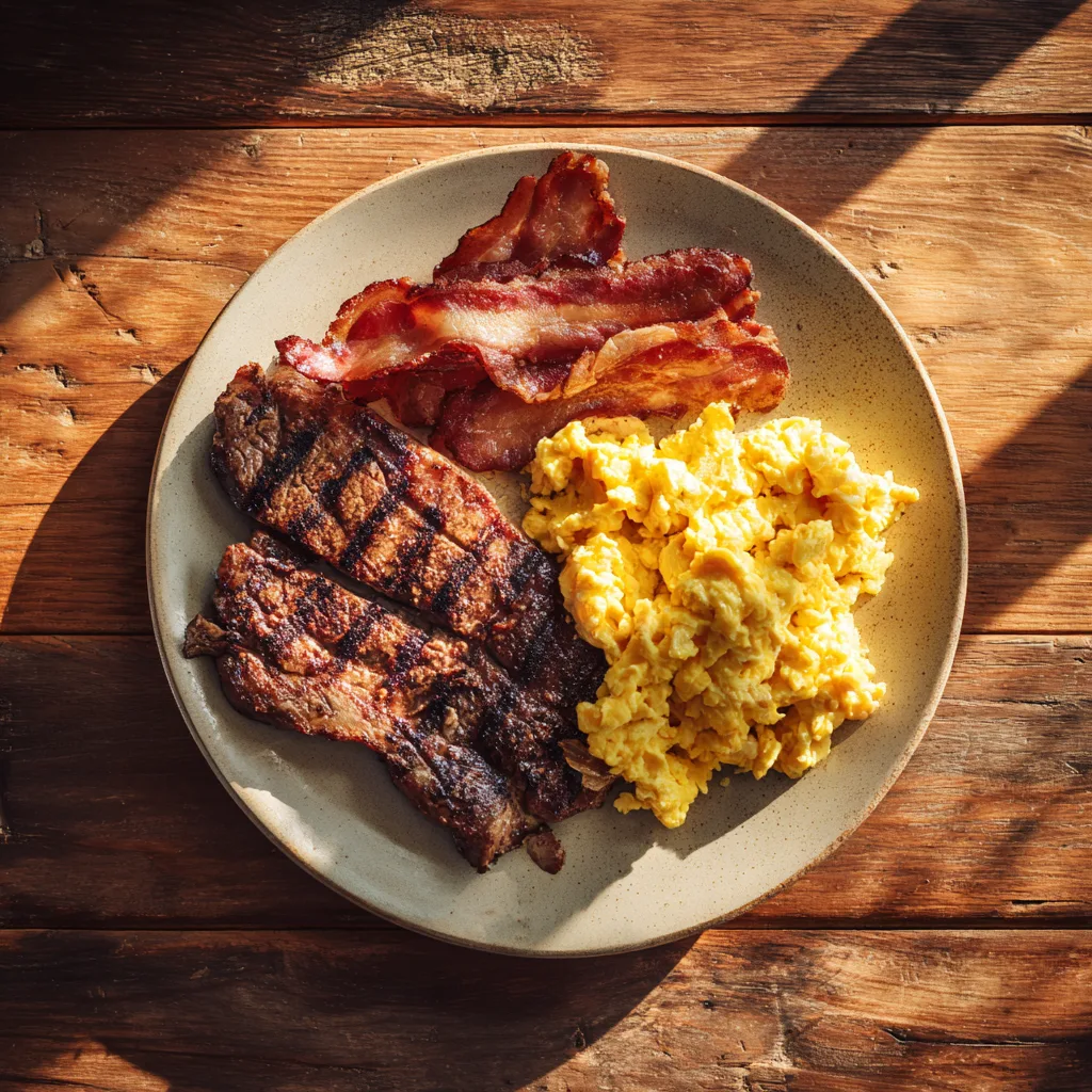 Ribeye steak, beef bacon, and scrambled eggs on a plate for carnivore breakfast ideas