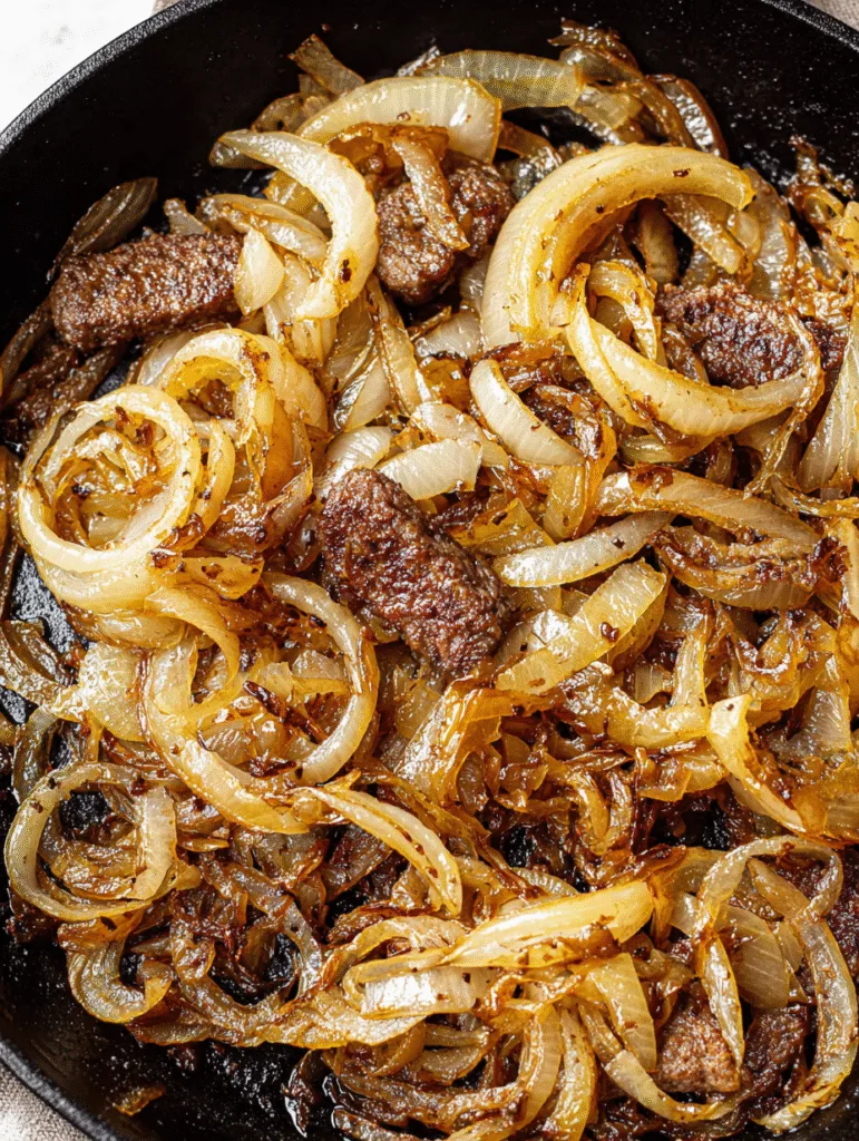 Caramelized onions and beef liver cooked together in a cast-iron skillet.