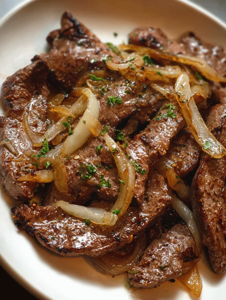 Tender beef liver and onions cooked in a cast-iron skillet with caramelized onions and fresh parsley.
