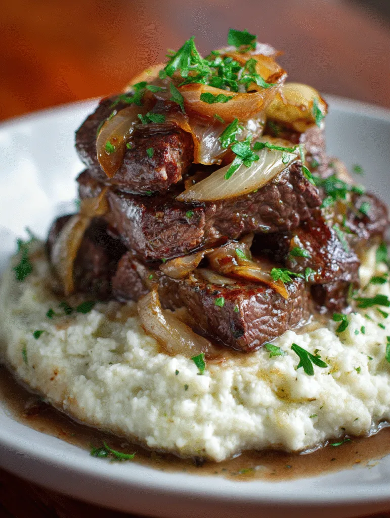 Beef liver and onions served over creamy cauliflower mash and garnished with parsley.