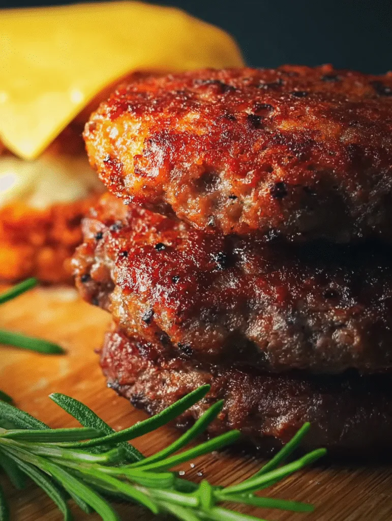 Stack of carnivore beef smash patties garnished with fresh rosemary