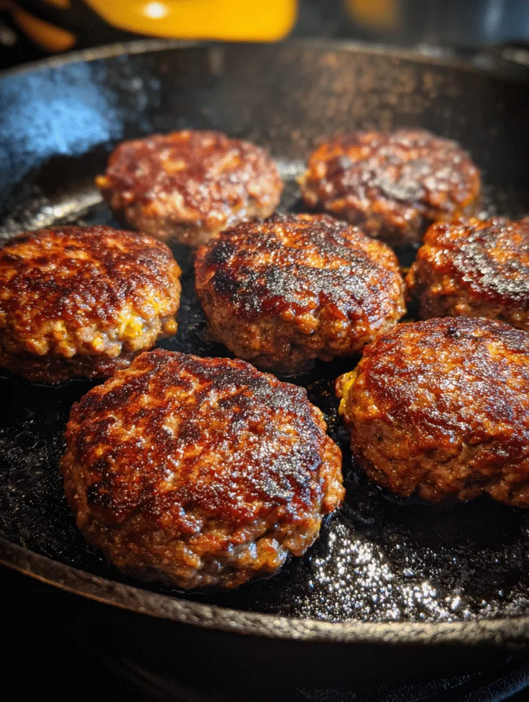 Juicy carnivore smash burger patties browning in a cast-iron pan