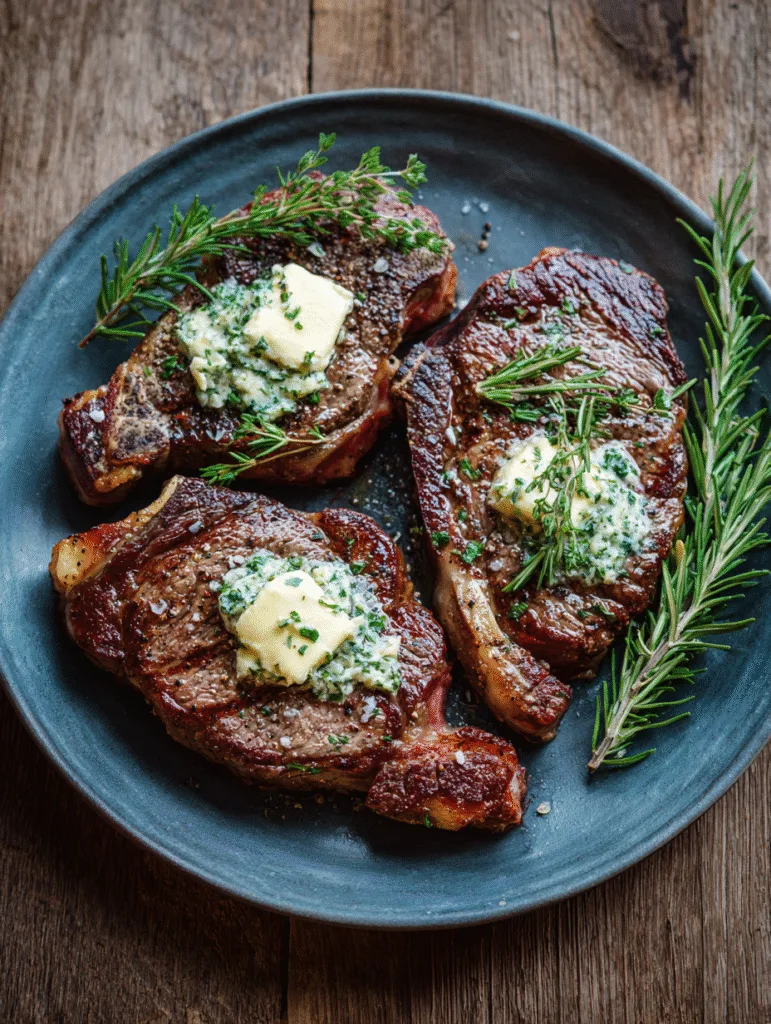 Three ribeye steaks topped with garlic butter and rosemary on a serving plate