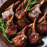 Pan seared lamb chops arranged on a rustic platter with garlic butter, fresh rosemary, and crispy golden crust.