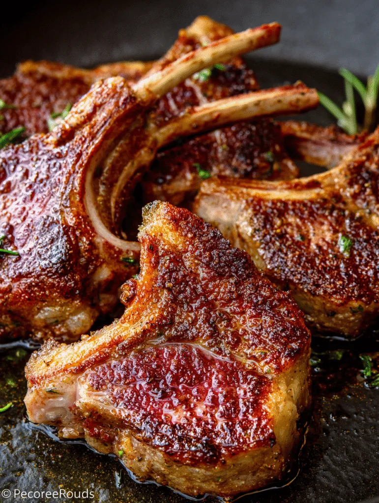Close-up of perfectly seared lamb chops with a crispy crust and juicy center, cooked in a cast-iron skillet.