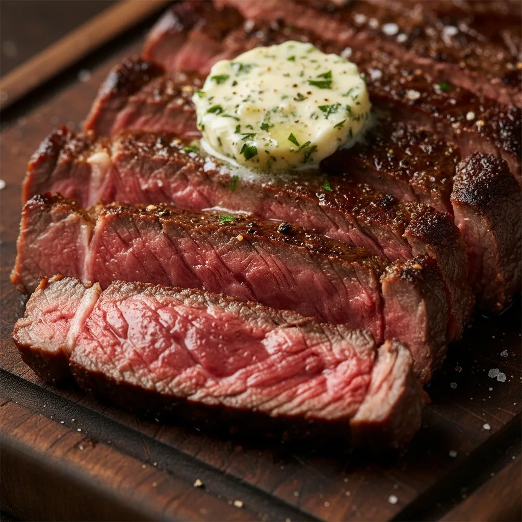 Medium-rare ribeye steak sliced on a board topped with garlic herb butter