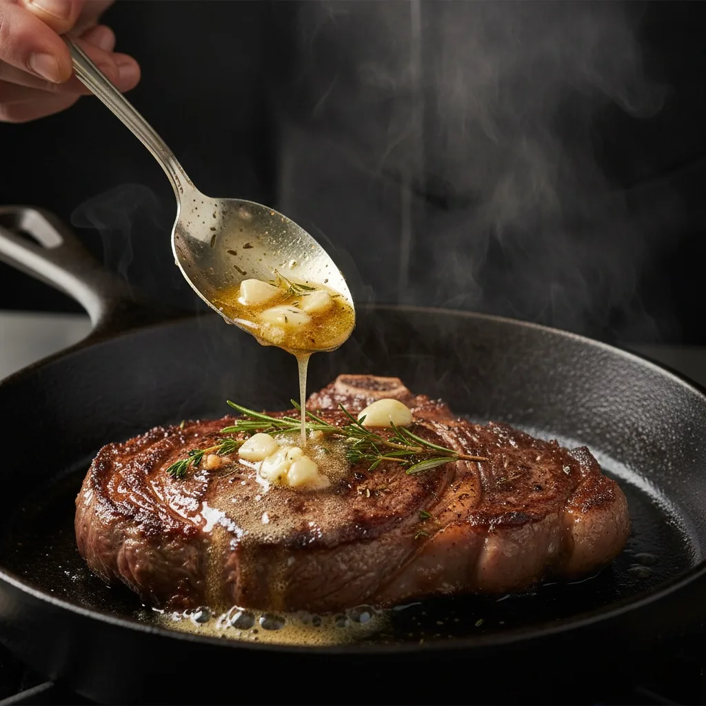 Garlic butter being spooned over a ribeye steak while cooking in a cast iron skillet