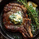 Perfectly seared ribeye steak in a cast iron skillet topped with garlic herb butter and fresh thyme