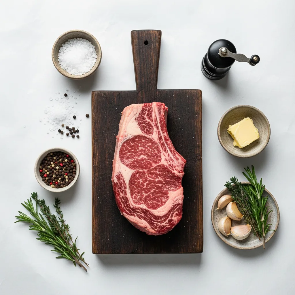 Raw ribeye steak with garlic, rosemary, salt, pepper, and butter arranged neatly on a cutting board overhead