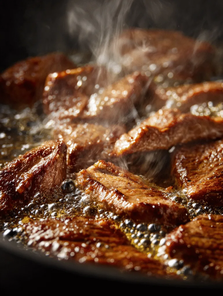 Sizzling beef liver pieces cooking in a hot skillet with rising steam.