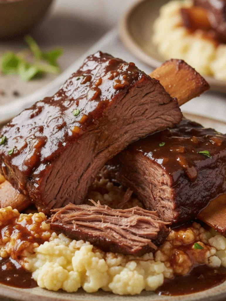 Tender slow-cooked beef short ribs served over mashed cauliflower and topped with rich brown gravy.