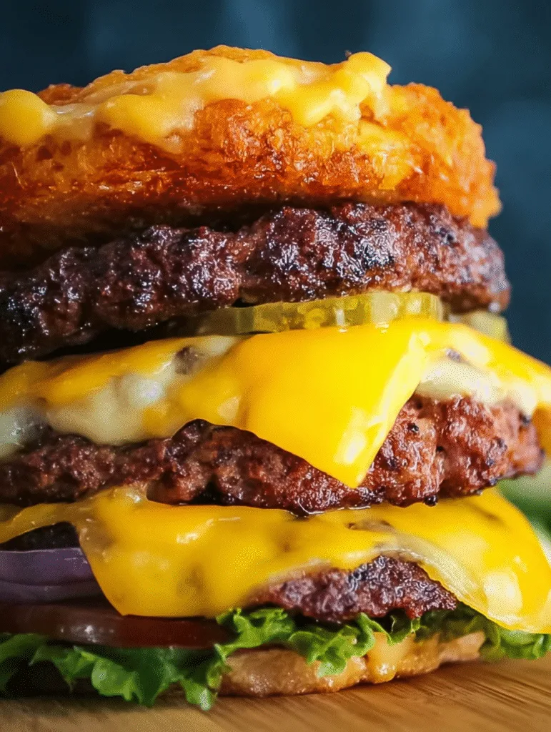 Smash burger with melted cheese layered between crispy hash brown buns